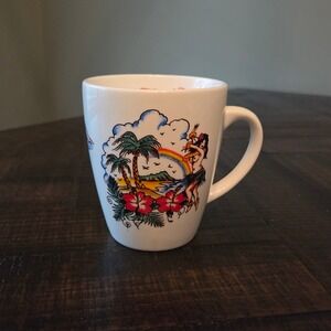 Vtg Y2K Ed Hardy Hula Girl Coffee Mug Hawaiian Tropical Tattoo Art Ceramic Cup
